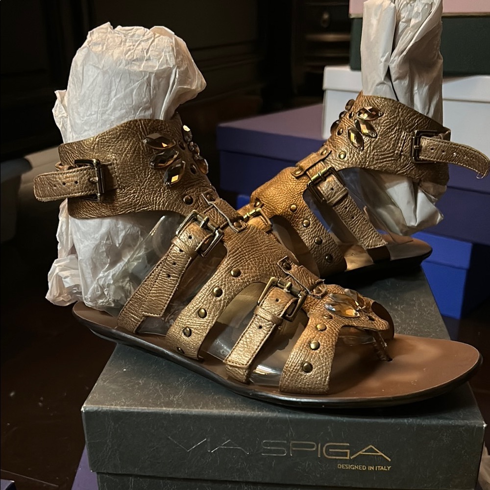 Via Spiga Gold Gladiator Sandals with Ankle Strap